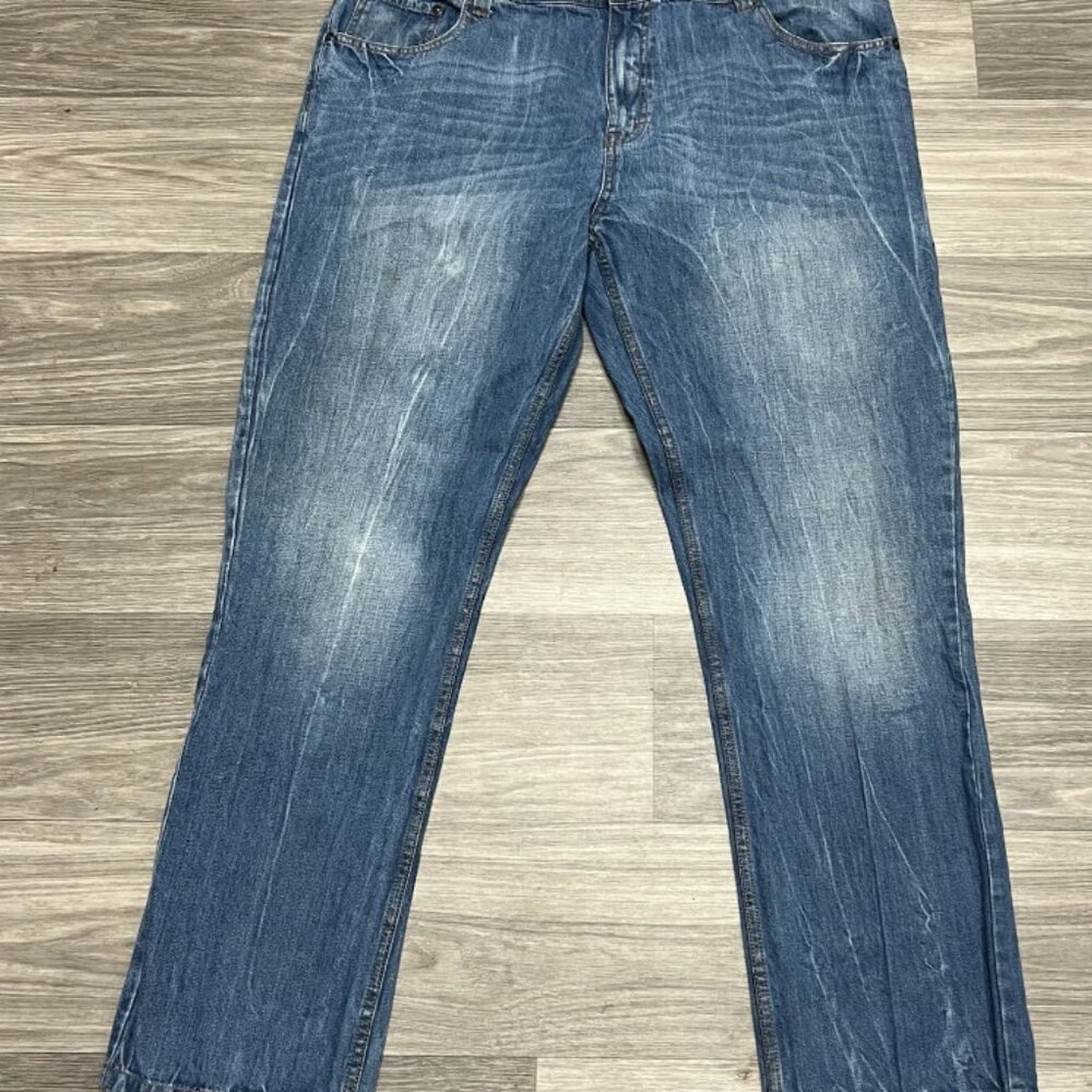 Vintage Y2K AKDMKS Blue Jeans Mens 42x32 Baggy Skate Embroidered Cyber Goth Fade